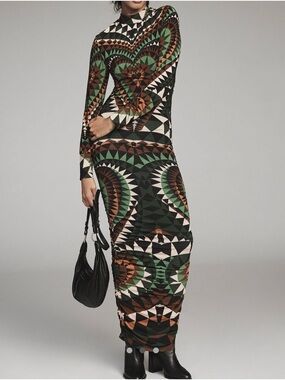 Geometric Print Long Sleeve Dress in Green and Brown